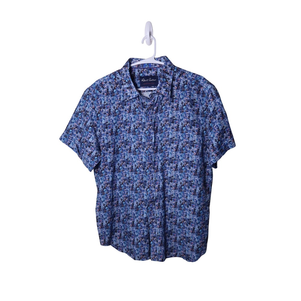 Robert Graham Mens Blue Skull Mosaic Print Short Sleeve Button Down Shirt Size L